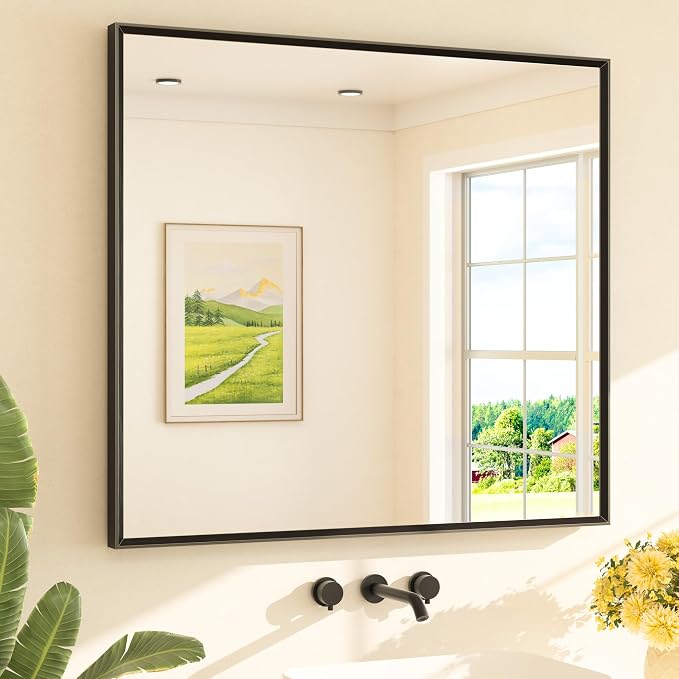 Black Framed Mirror for Bathroom Vanity 40" x 36" Matte Black Rectangle Beveled Frame Wall Mirror for Over Sink, Tempered Glass, Modern Farmhouse Bedroom, Entryway, Living Room