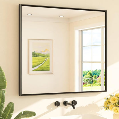 Black Framed Mirror for Bathroom Vanity 40" x 36" Matte Black Rectangle Beveled Frame Wall Mirror for Over Sink, Tempered Glass, Modern Farmhouse Bedroom, Entryway, Living Room