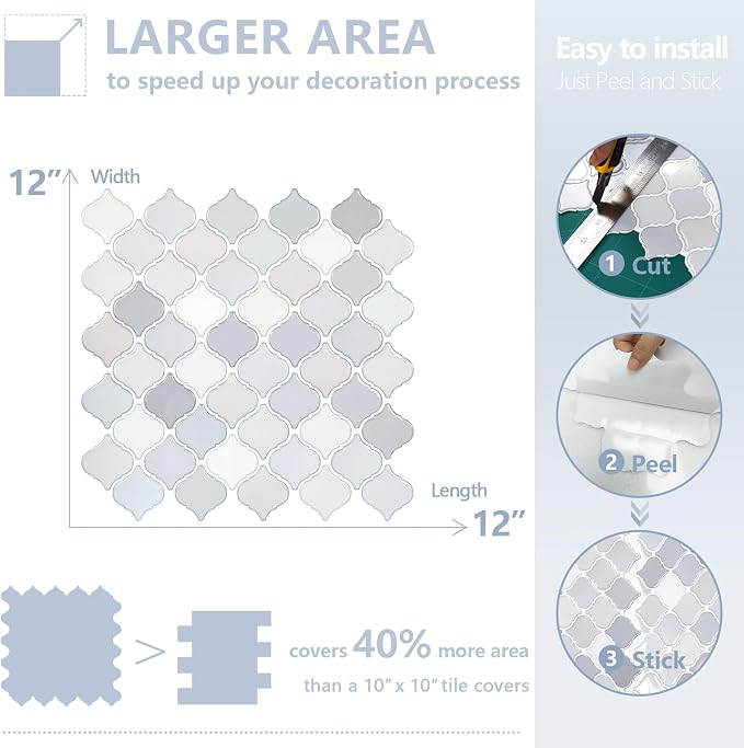 STICKGOO Arabesque Peel and Stick Backsplash, 12'X12' Self Adhesive Wall Tile (Thicker Design, Light Tones)