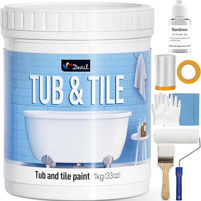 DWIL Tub and Tile Refinishing Kit,33oz Quick-Dry Tile Paint for Wall & Floor, Sink Bathtub Paint for Bathroom, Kitchen, Toilets, Water Based, Semi-Gloss White, 50-55sq.ft