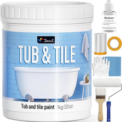 DWIL Tub and Tile Refinishing Kit,33oz Quick-Dry Tile Paint for Wall & Floor, Sink Bathtub Paint for Bathroom, Kitchen, Toilets, Water Based, Semi-Gloss White, 50-55sq.ft