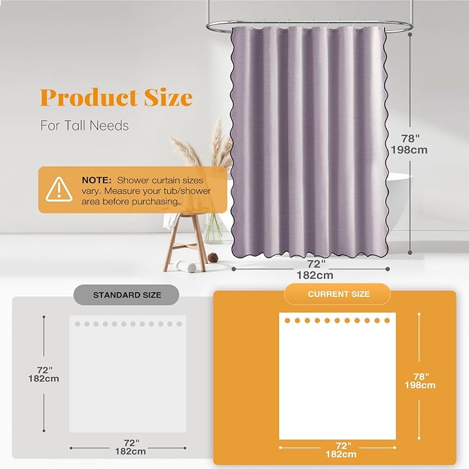 BTTN 72x78 Boho Scalloped Linen Textured Cloth Shower Curtain Set, Lavender | Long Size, 230GSM Waterproof Polyester, Heavy Duty Fabric, 12 Plastic Hooks, Elegant Modern Farmhouse Style, Machine Washable