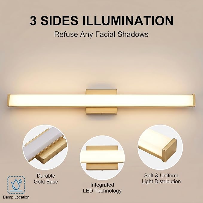 URSOLA 36" Modern LED Bathroom Light Fixtures, Golden 3CCT Dimmable Bathroom Vanity Light Over Mirror, Bathroom Vanity Bath Bar Lights with Double Layer Acrylic Shade