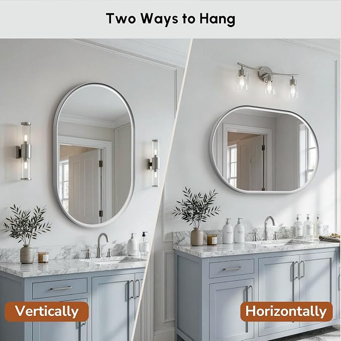Brushed Nickel Pill Oval Mirror for Bathroom 24x36 Inch | Small Silver Vanity Mirror, HD Glass, Rust-Proof Aluminum Frame, Inner-Curved Decor for Bedroom, Entryway Renovation