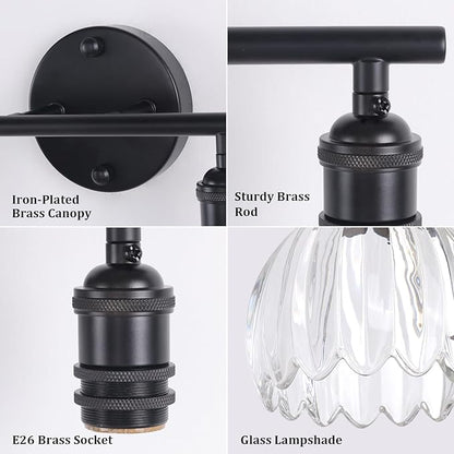 Bathroom Light Fixtures, 2-Light Black Vanity wall Light Over Mirror with Clear Tulip Glass Shade for Bedroom Living Room (Bulb Not Included)
