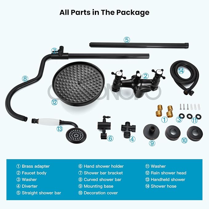 gotonovo Exposed Bathroom Shower System Two Cross Handle Oil Rubbed Bronze | Vintage Brass Tub Shower Faucet Set,8’’ Rain Head with Handheld Spray,Swivel Tub Spout,6’’ Hole Distance,Adjustable Height
