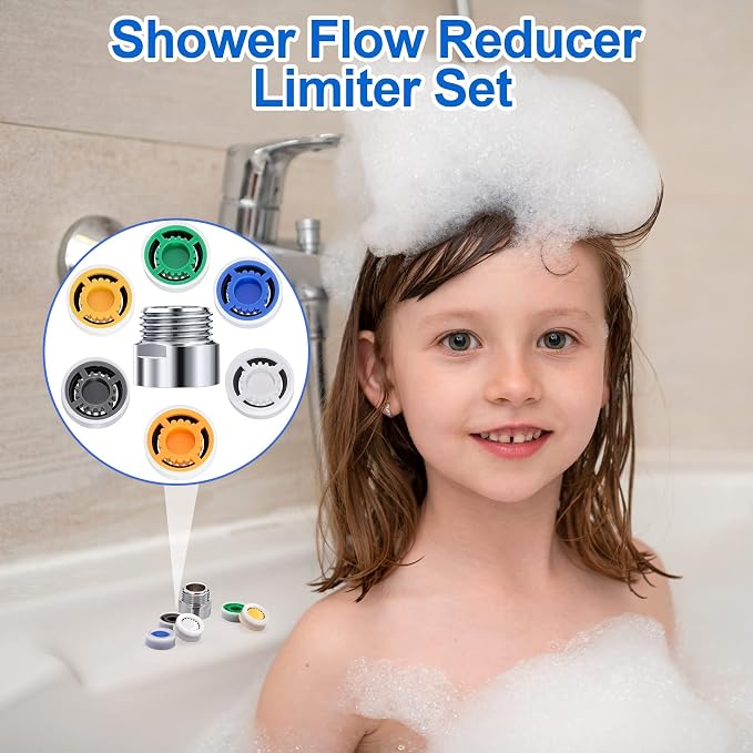 PAGOW 10 Shower Flow Reducer Limiter Set, gpm 1.5/1.8/2.0/2.2/2.5/3.0 | 6Pcs Shower Head Flow Restrictor, 2Pcs Washers, 2Pcs 1/2" Restrictor Valves, Water Flow Saver Adapter Set for Handheld Shower