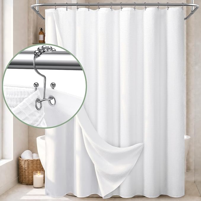 3 in 1 Shower Curtain Set Waffle Shower Curtain with Hooks and Liner Set, Cotton White Fabric Shower Curtains for Bathroom, Washable, 72Wx72L