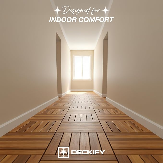 Acacia Interlocking Deck Tiles Outdoor Waterproof, Golden Teak Striped | Natural Acacia Wood, Raised Base Drainage, Non-Slip Grip, 490 lb Capacity, Oil-Rubbed Finish,Easy Clean,Tool-Free