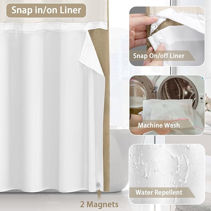 No Hook Shower Curtain and Liner Set,Beige Hotel Waffle Shower Curtain with Liner 75" L x 72" W
