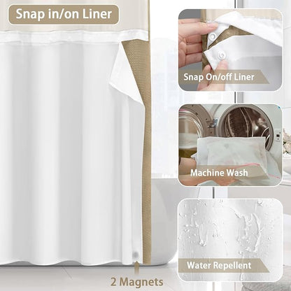 No Hook Shower Curtain and Liner Set,Beige Hotel Waffle Shower Curtain with Liner 75" L x 72" W