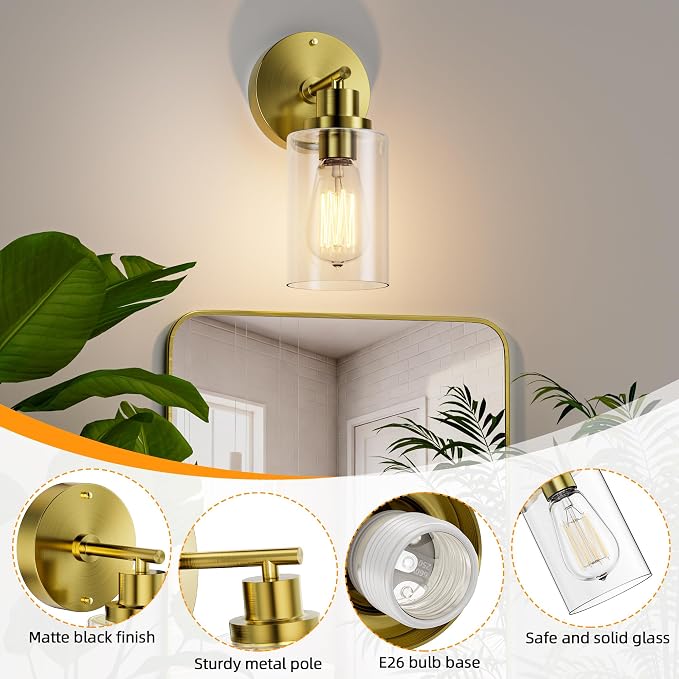 Bathroom Wall Sconce with Clear Glass Shade, Brushed Gold Vanity Light | E26 Bulb Base, Clear Glass Shade, Modern Wall Light Fixture for Mirror, Bedroom, Hallway, Wall Lamp Wall Mount Light