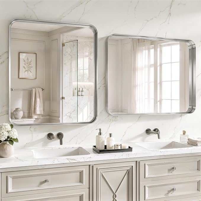 48X30 Inch Silver Metal Framed Bathroom Mirror for Wall,HD Tempered Glass | Matte Framed Rounded Rectangular Modern Mirrors for Over Sink, Anti-Rust, Farmhouse, Hangs Horizontally or Vertically