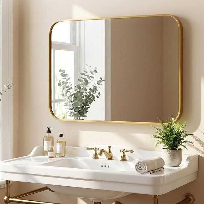 30x36 Inch Antique Gold Rounded Rectangle Bathroom Vanity Mirror | For Over-Sink Bathrooms, Powder-Coated Iron Frame, Layered Shadow Box Look, Two-Way Mount, Protective Packaging