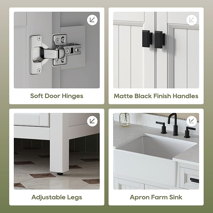 60 Inch Bathroom Vanity with Double Sink, Farmhouse Bathroom Sink Cabinet with Soft Closing Doors & Drawers, Solid Wooden Frame Double Sink Bathroom Vanity, Adjustable Feet, White