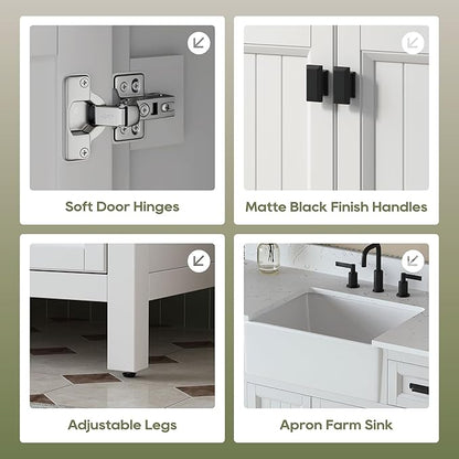 60 Inch Bathroom Vanity with Double Sink, Farmhouse Bathroom Sink Cabinet with Soft Closing Doors & Drawers, Solid Wooden Frame Double Sink Bathroom Vanity, Adjustable Feet, White
