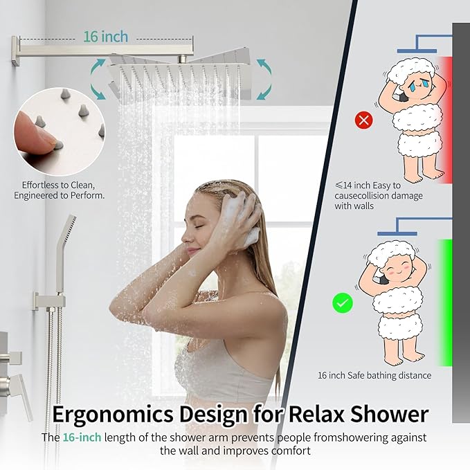 SR SUN RISE 12 Inches Bathroom Luxury Rain Mixer Shower Combo Set Wall Mounted Rainfall Shower Head System Brushed Nickel Finish Shower Faucet Rough-In