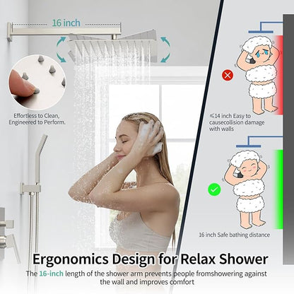 SR SUN RISE 12 Inches Bathroom Luxury Rain Mixer Shower Combo Set Wall Mounted Rainfall Shower Head System Brushed Nickel Finish Shower Faucet Rough-In