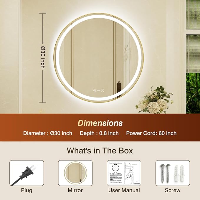 30 Inch Round Gold Framed LED Bathroom Mirror with Lights,Smart Bathroom Mirror,Motion Sensor,Tempered Glass,Anti-Fog,Stepless Dimmable & 3 Colors,Memory,Vanity Mirror for Wall