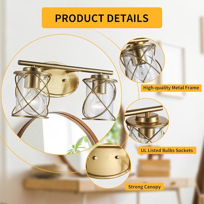 Modern Vanity Lights with Cage Shade, 2 Lights Over Mirror, Brushed Gold Vanity Light for Bathroom, Kitchen, Bedroom
