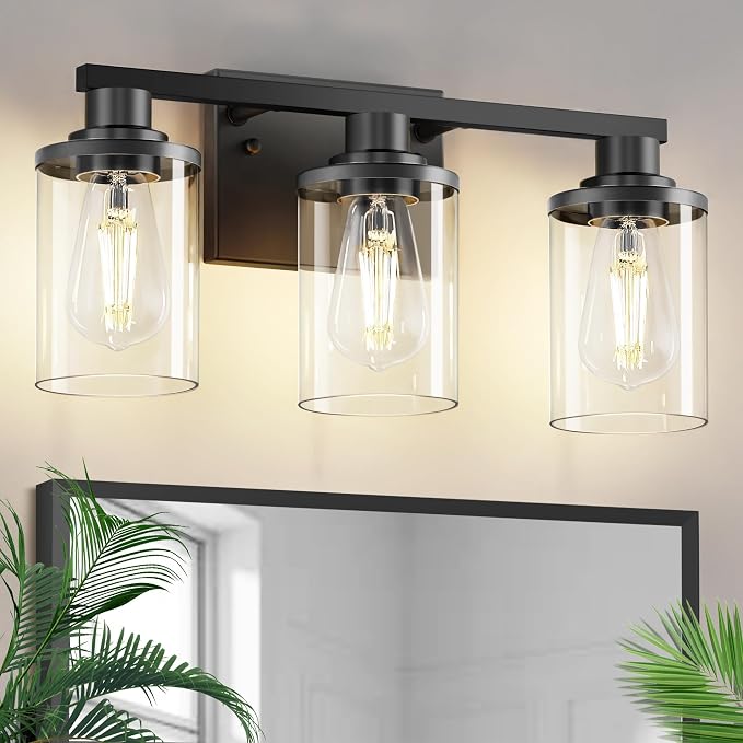L LOHAS LED 3-Light Bathroom Vanity Light, Black | Clear Glass Shades; Modern Bathroom Lighting Fixture for Living Rooms and Hallways