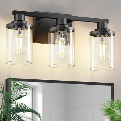 L LOHAS LED 3-Light Bathroom Vanity Light, Black | Clear Glass Shades; Modern Bathroom Lighting Fixture for Living Rooms and Hallways
