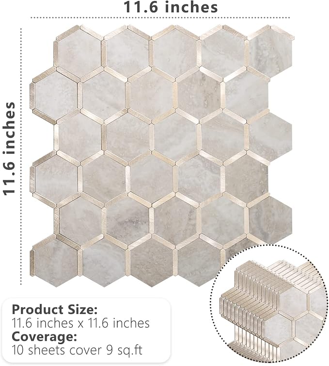 STICKGOO Hexagon Peel and Stick Backsplash Tile, Stick on Backsplash for Kitchen and Bathroom, Beige Marble Look PVC Mixed Metal Gold Self Adhesive Wall Tiles(6 Sheets, Seamless)