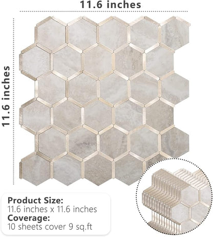 STICKGOO Hexagon Peel and Stick Backsplash Tile, Stick on Backsplash for Kitchen and Bathroom, Beige Marble Look PVC Mixed Metal Gold Self Adhesive Wall Tiles(Sample, Seamless)