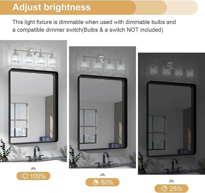 Brushed Nickel Bathroom Light Fixtures, Round, 4-Light | Vanity Lights with Crystal Shades, Modern Bathroom Lighting Fixtures over Mirror (Bulbs Not Included, E26)