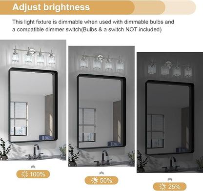 Brushed Nickel Bathroom Light Fixtures, Round, 4-Light | Vanity Lights with Crystal Shades, Modern Bathroom Lighting Fixtures over Mirror (Bulbs Not Included, E26)
