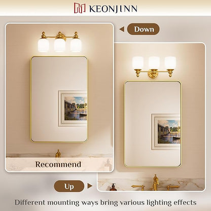 Keonjinn Gold Bathroom Light Fixtures, 3-Light Vintage Vanity Lights for Mirror with Frosted Glass Shades, UL Listed E26 Base(Bulbs Not Included), Reversible Vanity Lighting Fixtures for Bathroom