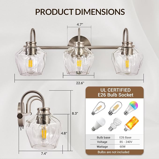 Brushed Nickel Vanity Light, 3 Light Bathroom Light Fixtures with Clear Diamond-Shape Hammered Glass, Silver Vintage Ripple Wall Lights for Hallway, Bedroom, Anti-Rust, E26 Base (No Bulbs)