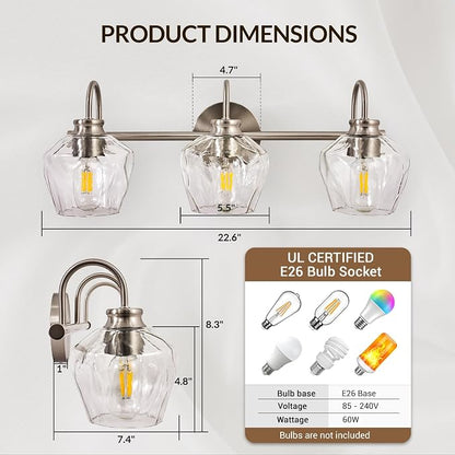 Brushed Nickel Vanity Light, 3 Light Bathroom Light Fixtures with Clear Diamond-Shape Hammered Glass, Silver Vintage Ripple Wall Lights for Hallway, Bedroom, Anti-Rust, E26 Base (No Bulbs)
