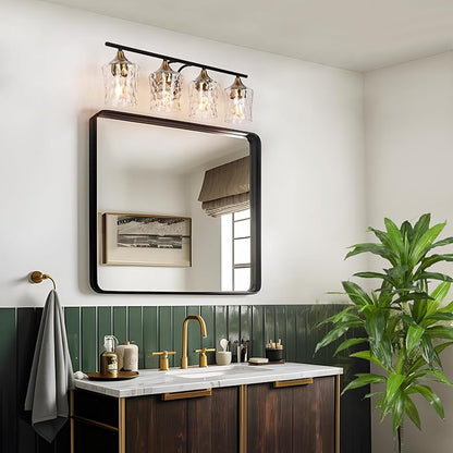 KSANA 28" Large Bathroom Vanity Lights, 4 Light Mid-Century Modern Vanity Light with Textured Glass Shade Black and Electroplated Brass Bathroom Light Fixtures for Hallway, Entryway