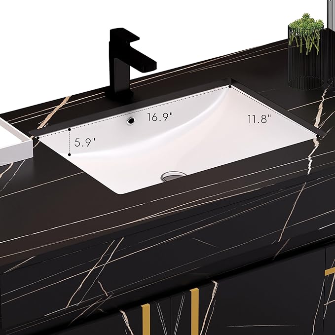 Pvillez 36 inch Bathroom Vanity with Ceramic Sink and Sinter Stone Marble Counter Top Modern Black Wall Mounted Floating Bathroom Sink Cabinet with 2 Drawers, 1 Cupboard and Gold Metal