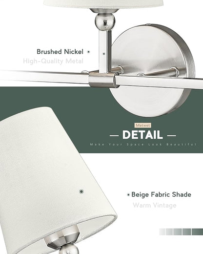 3-Light Bathroom Light Fixtures, Brushed Nickel Vanity Lights with Beige Fabric Shade, Modern Sconces Wall Lighting for Hallway Bedroom, Upward Lighting, VL837-BN-B-3