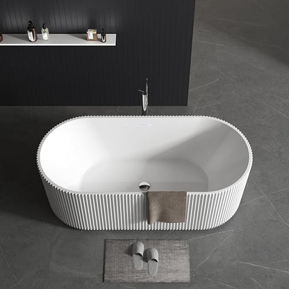 59" Modern V-Shape Freestanding Bathtub - Gloss White Acrylic Soaker with Pleated Design, Chrome Drain & Overflow,Cupc Certified,Gloss White