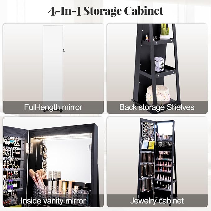 GOFLAME Jewelry Cabinet with Full Length Mirror, Lockable Jewelry Storage Organizer with Wheels, 3-Color LED Lights, Inner Mirror, Freestanding Jewelry Armoire with Rear Storage Shelves, Black
