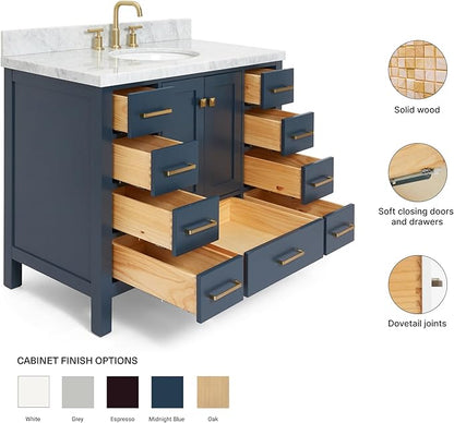 ARIEL Cambridge 42-inch Bathroom Vanity with Sink,Solid Wood, 1.5-inch Italian Carrara Marble Countertop, Single Oval Porcelain Sink, 2 Soft Closing Doors, 9 Dovetail Drawers, Midnight Blue