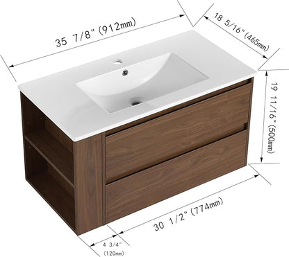 Henf 36 Inch Wall Mount Bathroom Vanity W/Sink Combo, Modern Design Vanity Cabinet with Gel Basin, Floating Mounting Bathroom Cabinet Set with 2 Drawer and Adjustable Storage Shelf,Brown