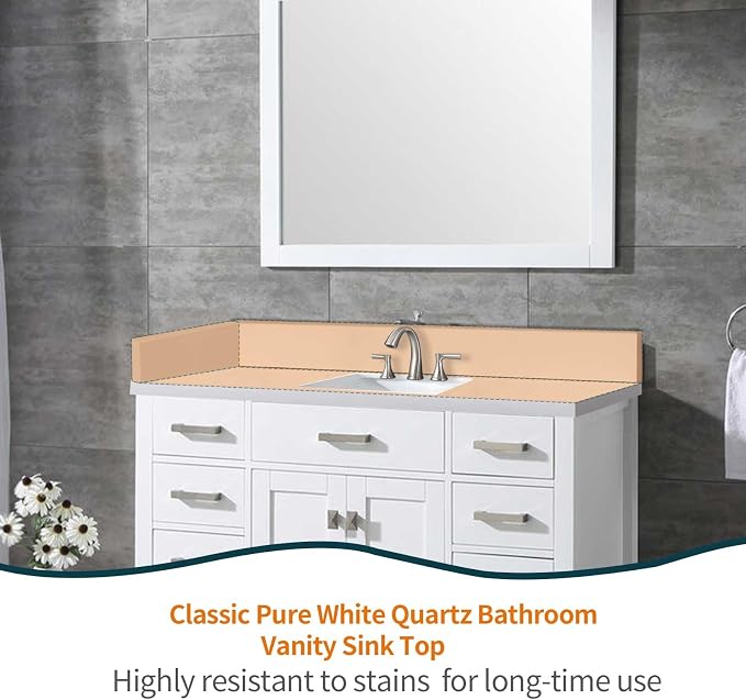 42" x 22" Vanity Top, Quartz Vanity Sink Top in Pure White, with One Sidesplash & One Backsplash, with Undermounted Sink,8 Inch Faucet Hole Spread for Vanity Top with Sink