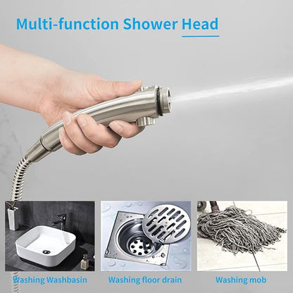 KAIYING Drill-Free High Pressure Handheld Shower Head with ON/OFF Switch, 3 Spray Modes - Brushed Nickel | 3 Spray Modes with ON/OFF Switch, Detachable Dog Shower Attachment, Pet Shower Wand with Bracket & Hose, Brushed Nickel