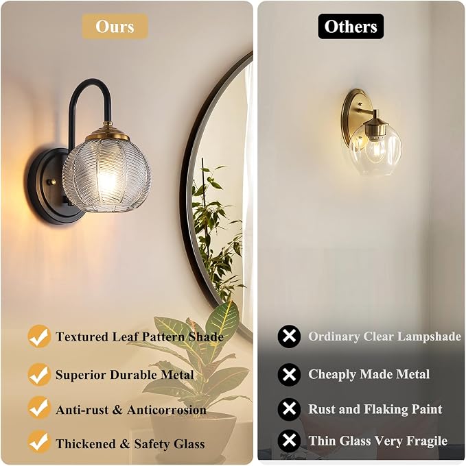 Mecgirn Bathroom Vanity Light Fixtures, 1-Light Smoky Gray Glass Shade, Modern Black and Gold Wall Sconce, Unique Textured Leaf Pattern, Ceramic E26 Sockets Wall Mounted for Mirror, Cabinet, Hallway