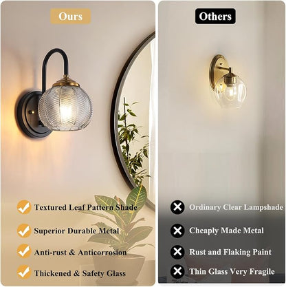 Mecgirn Bathroom Vanity Light Fixtures, 1-Light Smoky Gray Glass Shade, Modern Black and Gold Wall Sconce, Unique Textured Leaf Pattern, Ceramic E26 Sockets Wall Mounted for Mirror, Cabinet, Hallway
