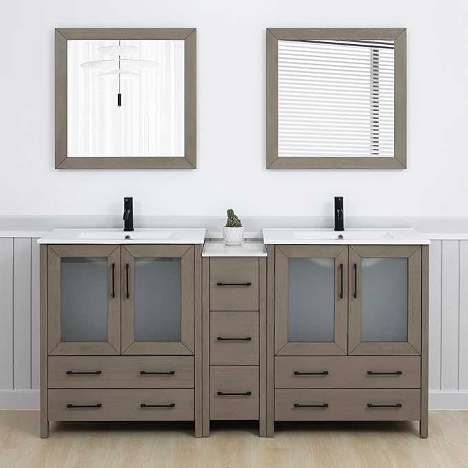 Vanity Art 72 Inch Under Mount Double Sink Bathroom Vanity Cabinet with 2 Mirrors, Ceramic Top Bathroom Cabinet Compact Set with 7 Dovetail Storage Drawers and Matte Black Handles, VA3030-72-DG