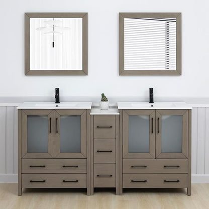 Vanity Art 72 Inch Under Mount Double Sink Bathroom Vanity Cabinet with 2 Mirrors, Ceramic Top Bathroom Cabinet Compact Set with 7 Dovetail Storage Drawers and Matte Black Handles, VA3030-72-DG