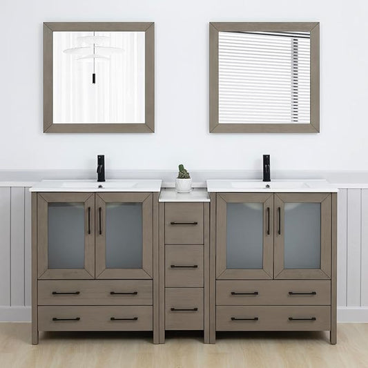 Vanity Art 72 Inch Under Mount Double Sink Bathroom Vanity Cabinet with 2 Mirrors, Ceramic Top Bathroom Cabinet Compact Set with 7 Dovetail Storage Drawers and Matte Black Handles, VA3030-72-DG