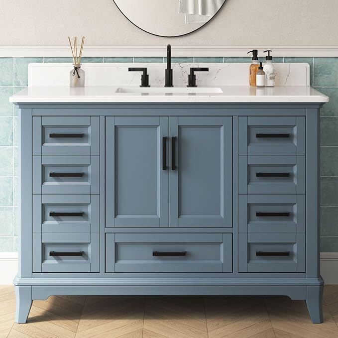 48 Inch Bathroom Vanity with Sink, Modern Steel Blue Bathroom Vanities with Soft Closing Doors & Dovetail Drawers, Quartz Countertop, No Assembly Required