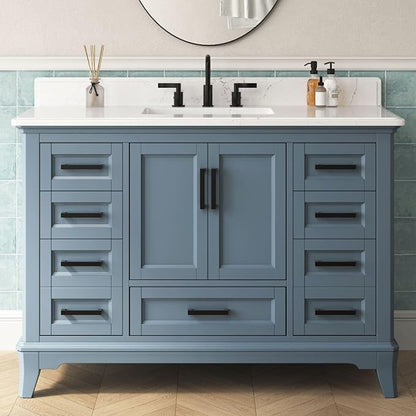 48 Inch Bathroom Vanity with Sink, Modern Steel Blue Bathroom Vanities with Soft Closing Doors & Dovetail Drawers, Quartz Countertop, No Assembly Required