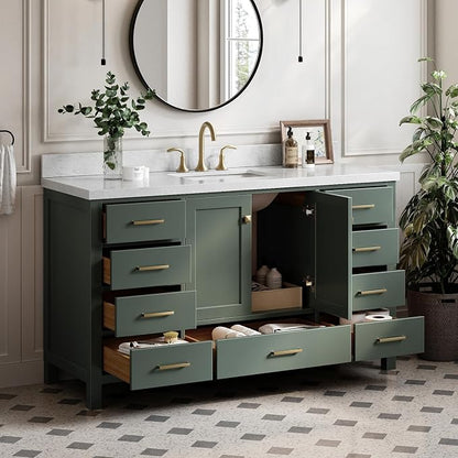 ARIEL Cambridge 60-inch Bathroom Vanity with Sink,Solid Wood, 1.5-inch Italian Carrara Marble Countertop, Single Rectangular Porcelain Sink, 2 Soft Closing Doors, 9 Dovetail Drawers, Vintage Green